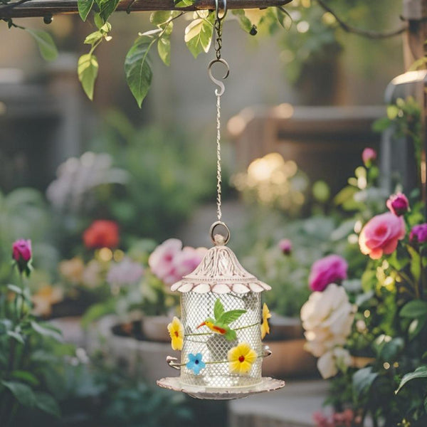 Hanging Mesh Birdfeeder with Flowers and Bird