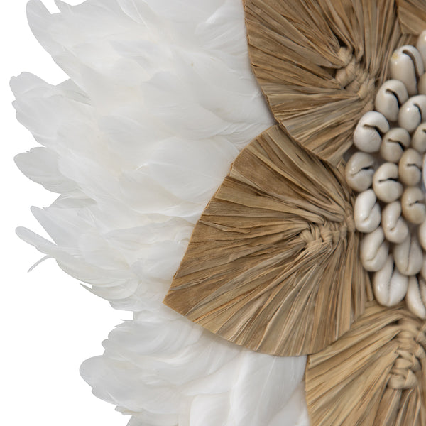 Handcrafted Round Hanging Feather & Shell ‘Flower’ Wall Art