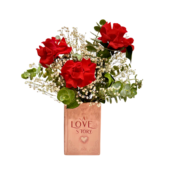 A Love Story Book Vase with Preserved Roses