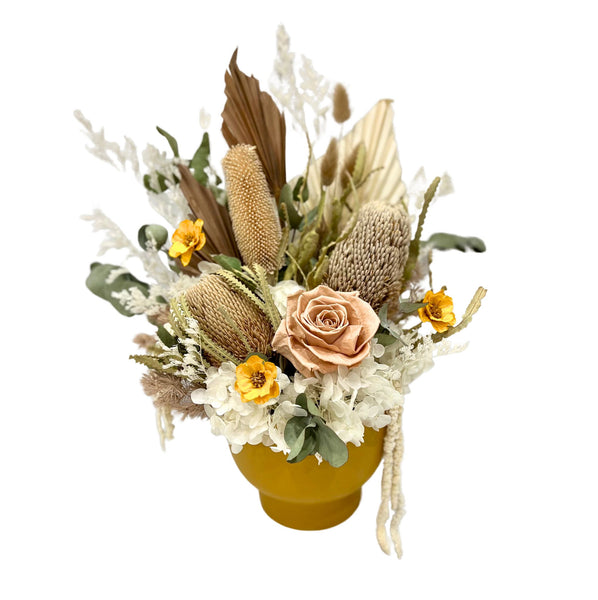Native Rose Everlasting Arrangment in Yellow Ceramic Pot