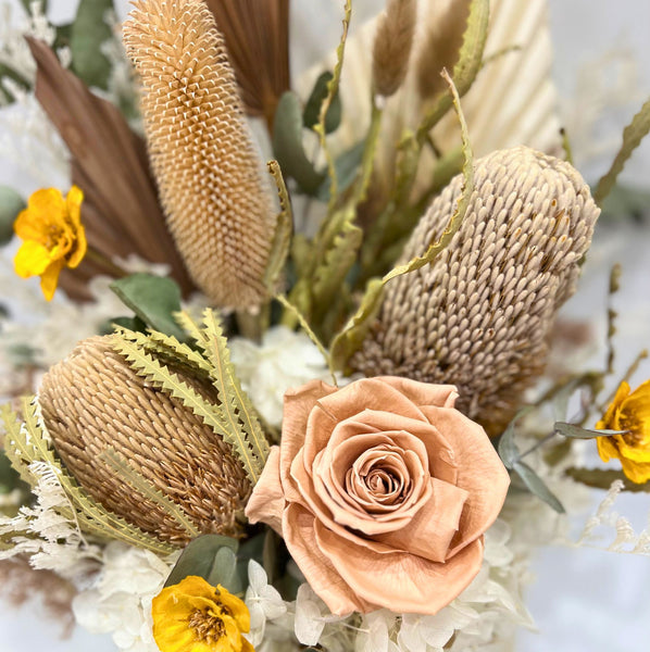 Native Rose Everlasting Arrangment in Yellow Ceramic Pot